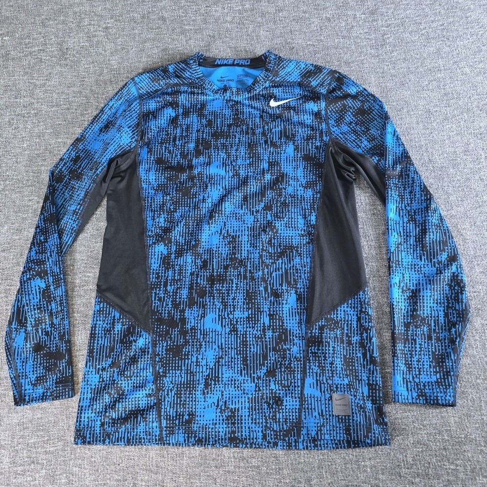 NIKE Pro DRI-FIT Large Fitted Long Sleeve SHIRT Training Gym Blue Black